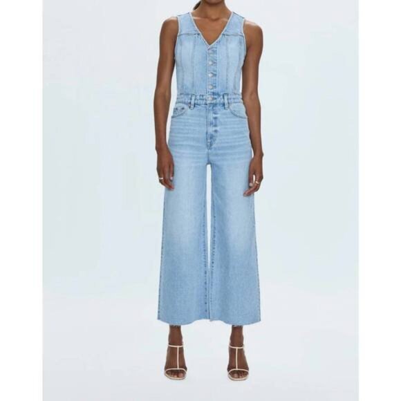 NEW WITH TAGS PISTOLA Medium Aria Cropped Denim Jeans Jumpsuit in blue - Picture 1 of 3